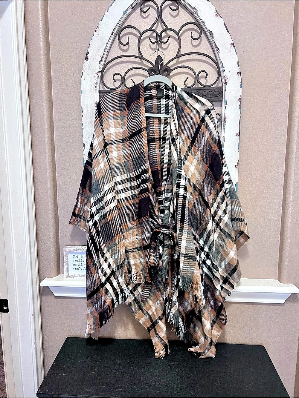 Steve Madden Plaid Fringe Wrap in Brown & Black